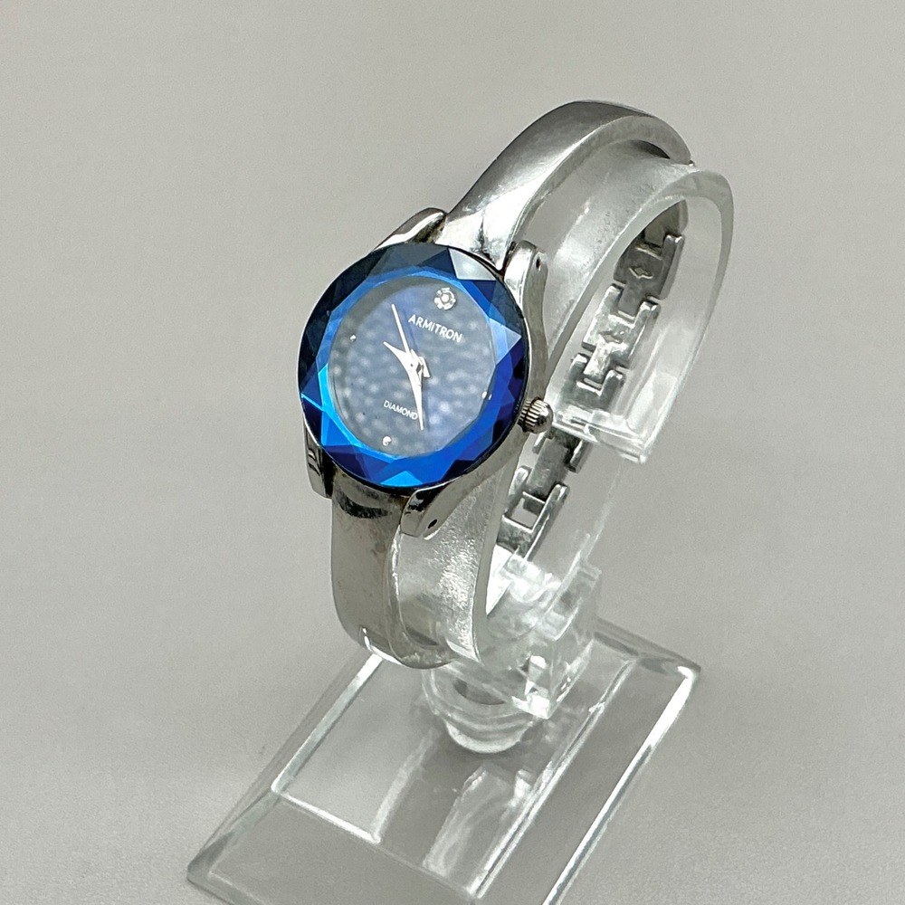 Armitron Watch Womens Diamond Blue Faceted Bezel Silver Bangle 6" NEW BATTERY